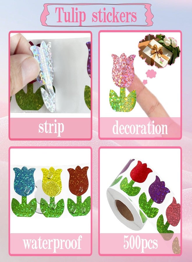 YCDMLJC 500pcs Spring Tulip Stickers,Laser Colorful Flower Stickers,1.5Inch Seal Waterproof Kids Reward,for Mother's Day, Envelopes, Gift Box Classroom - Image 3